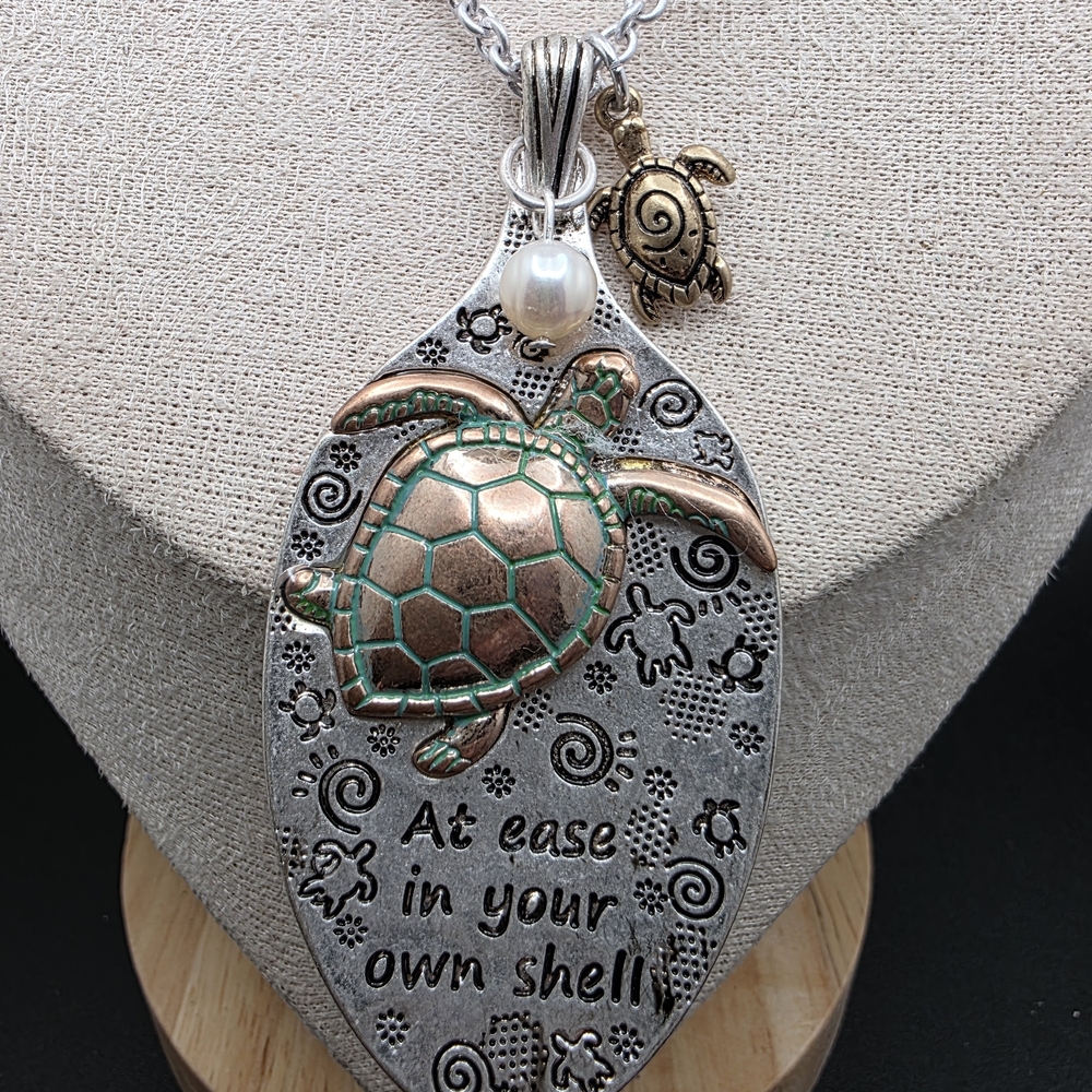 Silver and Bronze Turtle Pendant Spoon Necklace (1649)